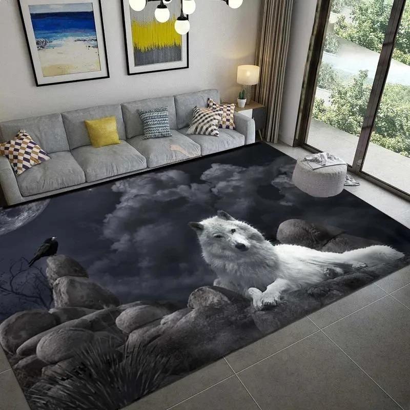 Rocky Canyon Wolf Rug, Mysterious Wilderness-Themed Home Decor Carpet with Rugged Terrain Charm for Living Area