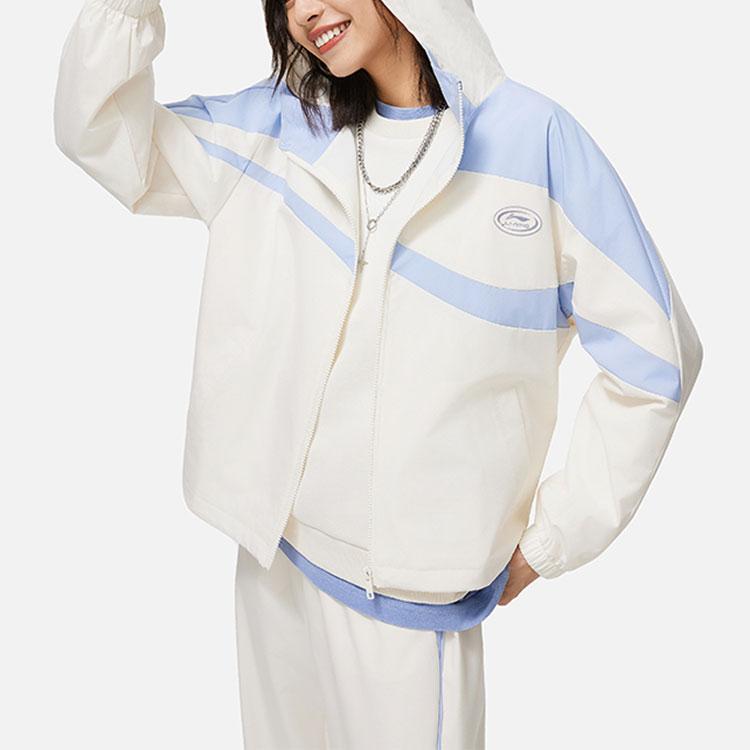 Li Ning Sports Lifestyle Series Color Block Zipper Hooded Long Sleeve Windbreaker Women Outerwear Off-White AFDU036-1