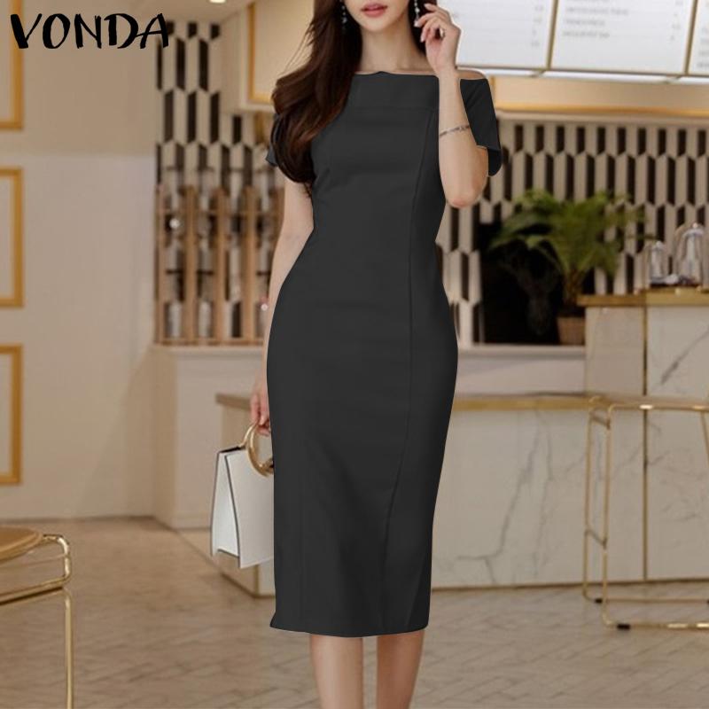

VONDA женское летнее однотонное платье средней длины с прямым вырезом и коротким рукавом на талии