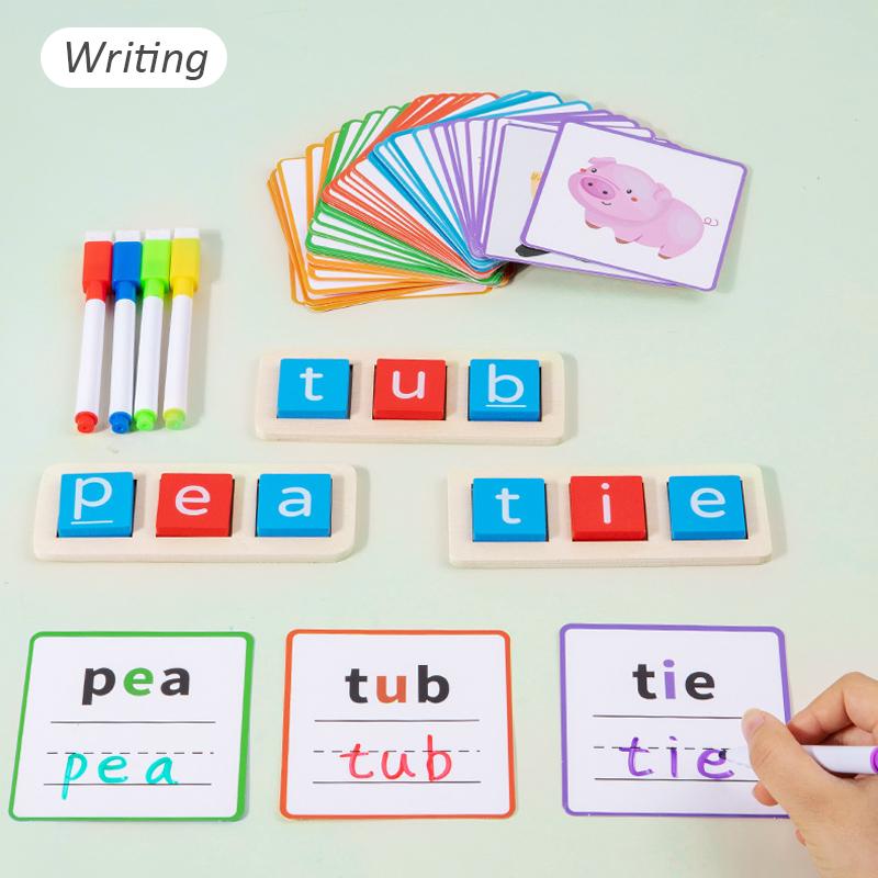 CVC Letter Spelling Block Flash Cards Game English Words Early Learning Educational Puzzle Game for Kids Montessori Wood Toy