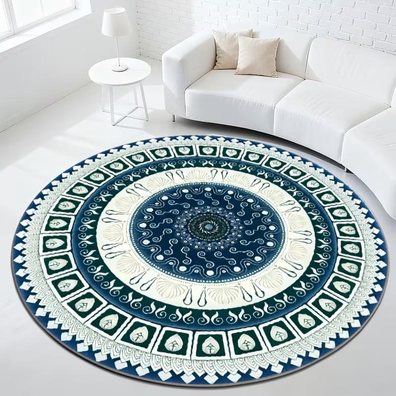 Vintage Bohemian Multicolor Floral Round Rug Non Slip Soft Circular Floor Mat Ethnic Mandala Flower Pattern For Living Room