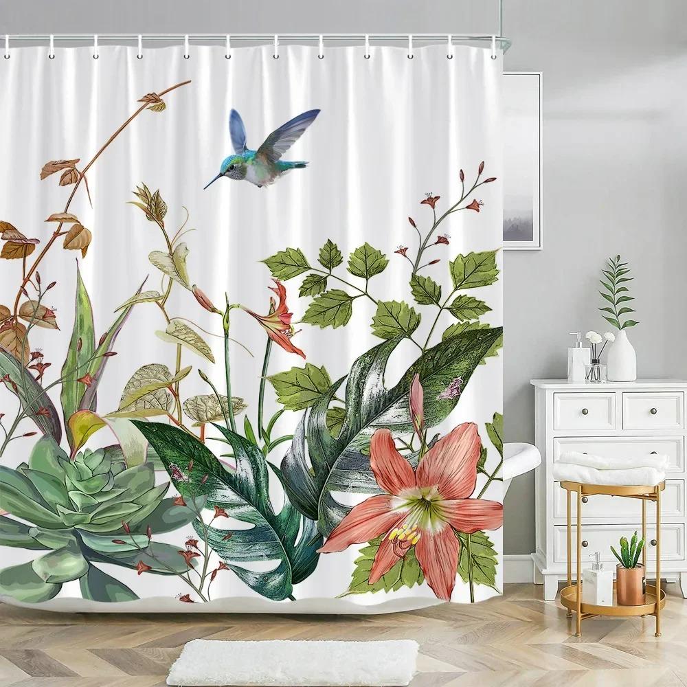 Botanischer Floral Duschvorhang Grünes Blatt Kolibri Tropische Naturlandschaft Polyesterstoff Duschvorhänge Badezimmer Dekor