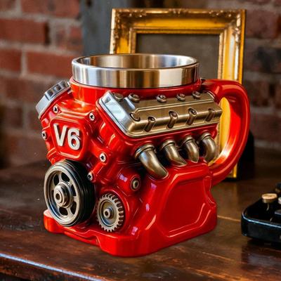 V6 Engine Coffee Mug Water Drinks Cup Birthday Gift with Handle Unique Red for Home