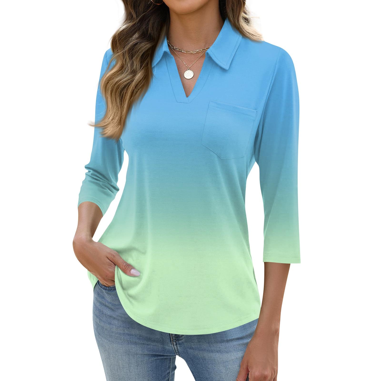 

Women s Fashion Casual Lapel Short 3/4 Sleeve Print Shirt Women s Up Tops XL небо синє кольору