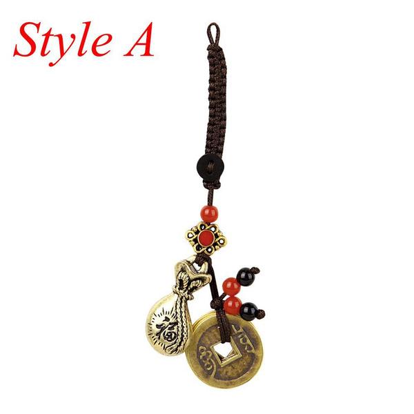 1PC Vintage Brass Money Bag Keychain Pendant Handmade Rope Lucky Feng Shui Coins Hanging Jewelry Car Key Chain
