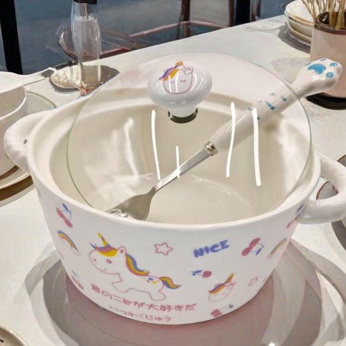 Korean Style Cute Heart Ceramic Noodle Bowl with Lid for Dorm or Bedroom Microwave Use
