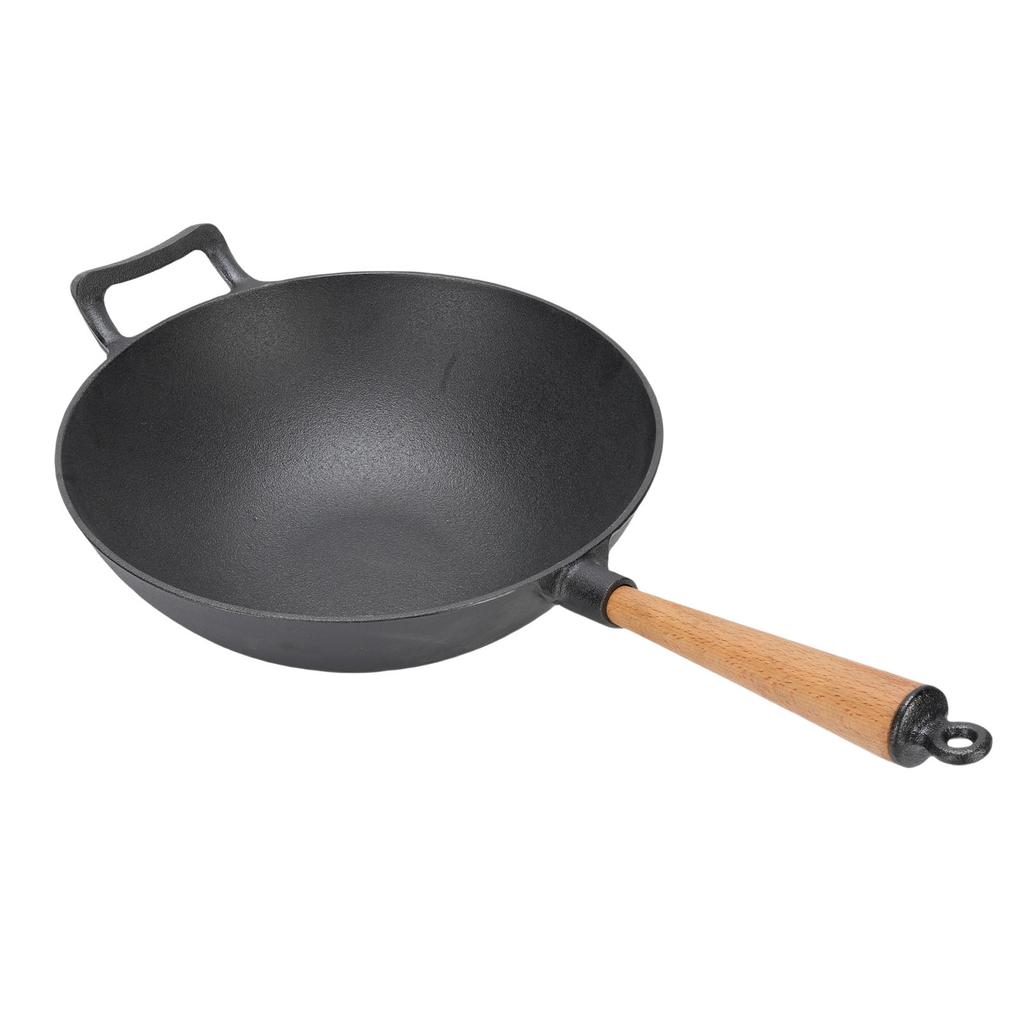 Cast Iron Wok Pan Multifunctional Stir Fry Pan with Wood Handle for Induction Cooker Electric Ceramic Stove Gas