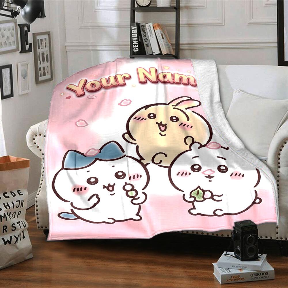 1pc Chiikawa Blanket with Custom Name, Gift, for Men and Women, Soft Blanket, Good for Sofa Bed Couch Travel, Lightweight Flannel Blanket