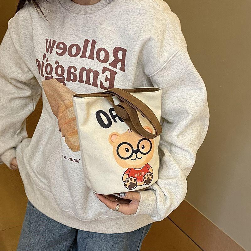 2025 Portable Bucket Bag Hand-Carrying Out Ins Canvas Bag Cute Girl Mobile Phone Female Bag