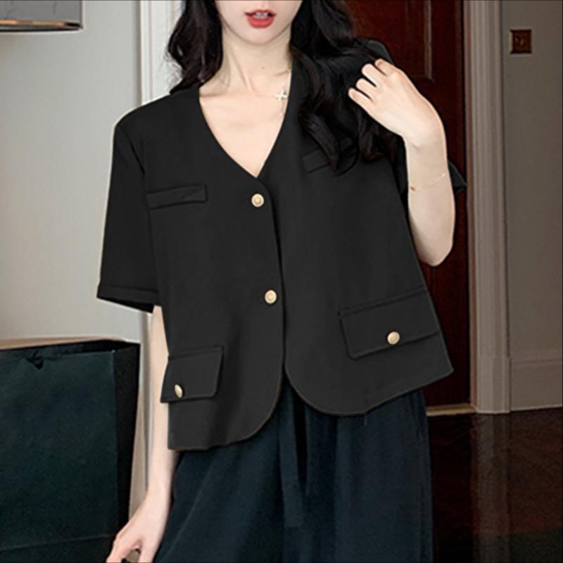 VONDA Women V Neck Short Sleeve Buttons Up Casual Elegant Cropped Blouse