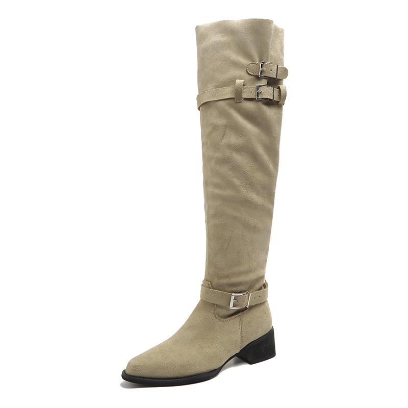 

Fashion Autumn Winter Thick Heel Women Knee-High Boots Fashion Pleated Belt Buckle Shoes Ladies Mordern Long Botas De Mujer 35 хаки