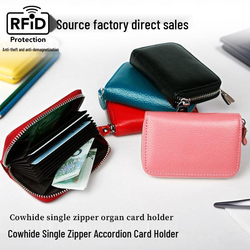 

Korean RFID Anti-Theft Genuine Leather Accordion Card Holder with Single Zipper
