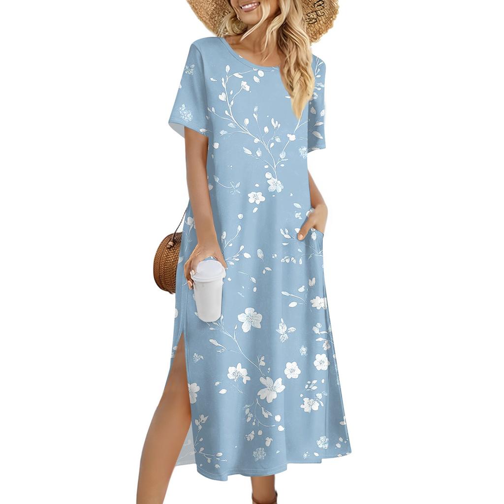 Ladies' Fashionable Summer Retro Floral Print Dress, Casual Beach Dress, Slender Vacation Dress