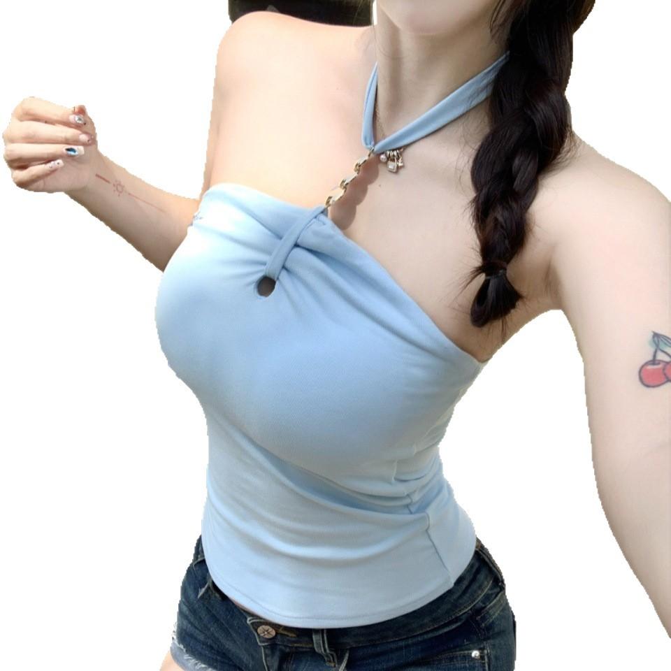 #Summer new pure desire wind bead chain splicing neck strap vest slim one-piece top with chest pad