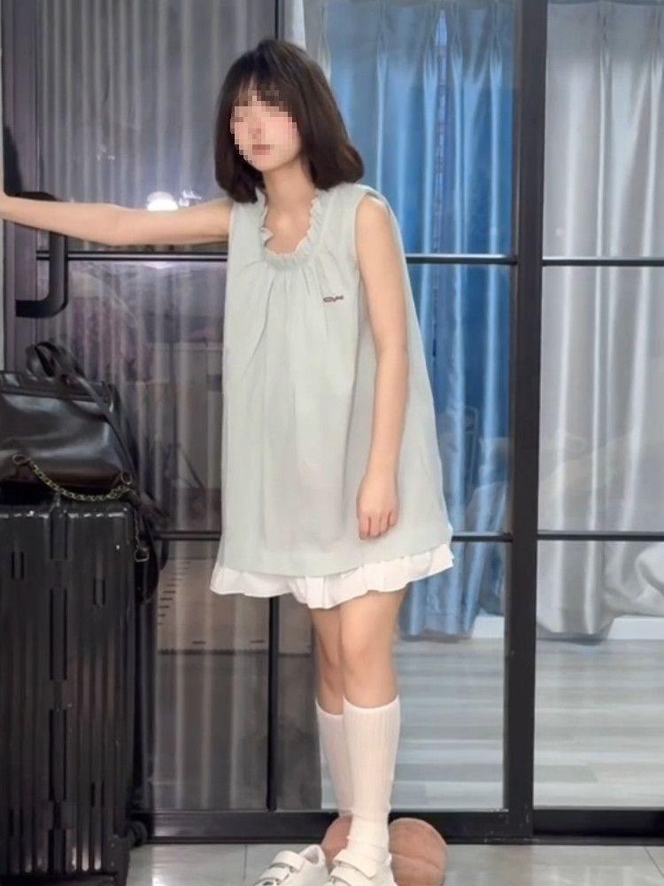 French Sweet Style Sleeveless Dress With Knitted Fabric For Summer Casual Wear