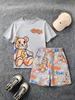 Neues Herren Sommer Teddybär Graffiti Print Weiches Atmungsaktives Rundhals T-Shirt mit Kordelzug Shorts Set Freizeitkleidung für Draußen