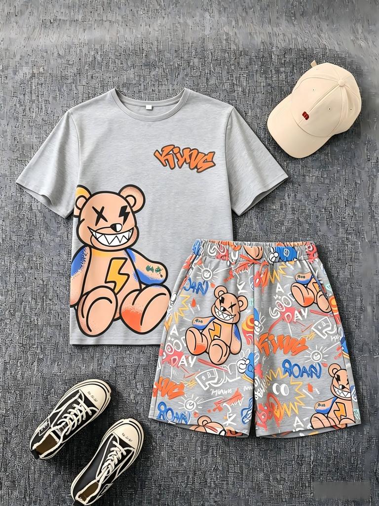 Neues Herren Sommer Teddybär Graffiti Print Weiches Atmungsaktives Rundhals T-Shirt mit Kordelzug Shorts Set Freizeitkleidung für Draußen