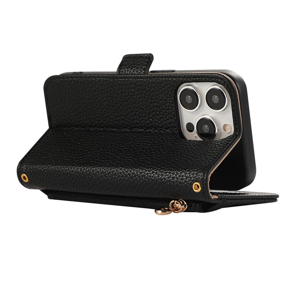 Pro iPhone 16 Pro Peněženkové pouzdro na telefon Nárazuvzdorný TPU+PU kůže Vyklápěcí kryt se zrcátkem, Poutko