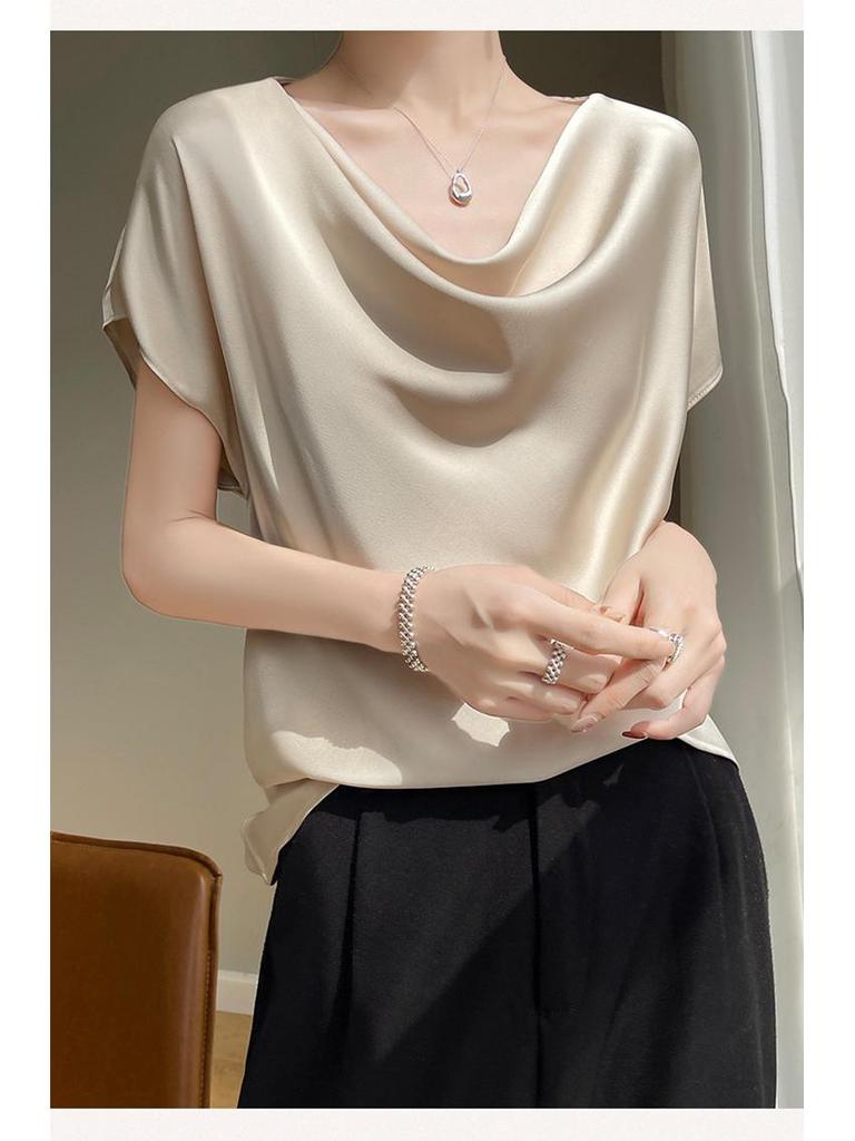 Women's High-End Short Sleeve Cowl Neck Satin Blouse