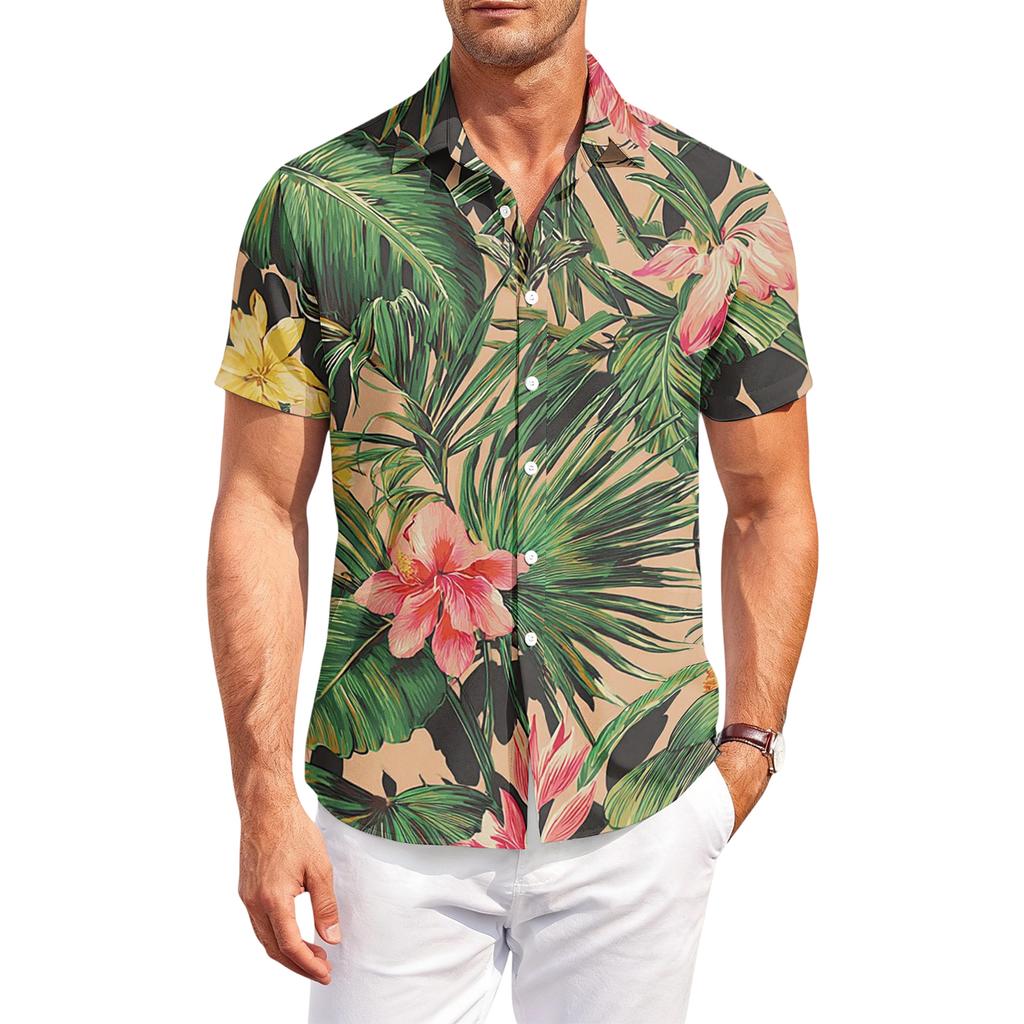 Men's Casual, Loose-Fit Short-Sleeve Shirt With Hawaiian Print