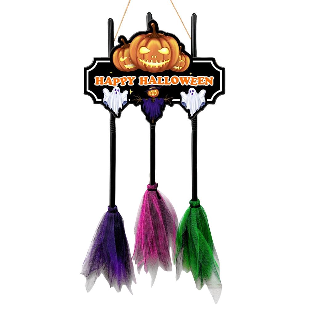 Wooden Halloween Door Hanger Decoration Set with 3 Brooms (Thickness 5)