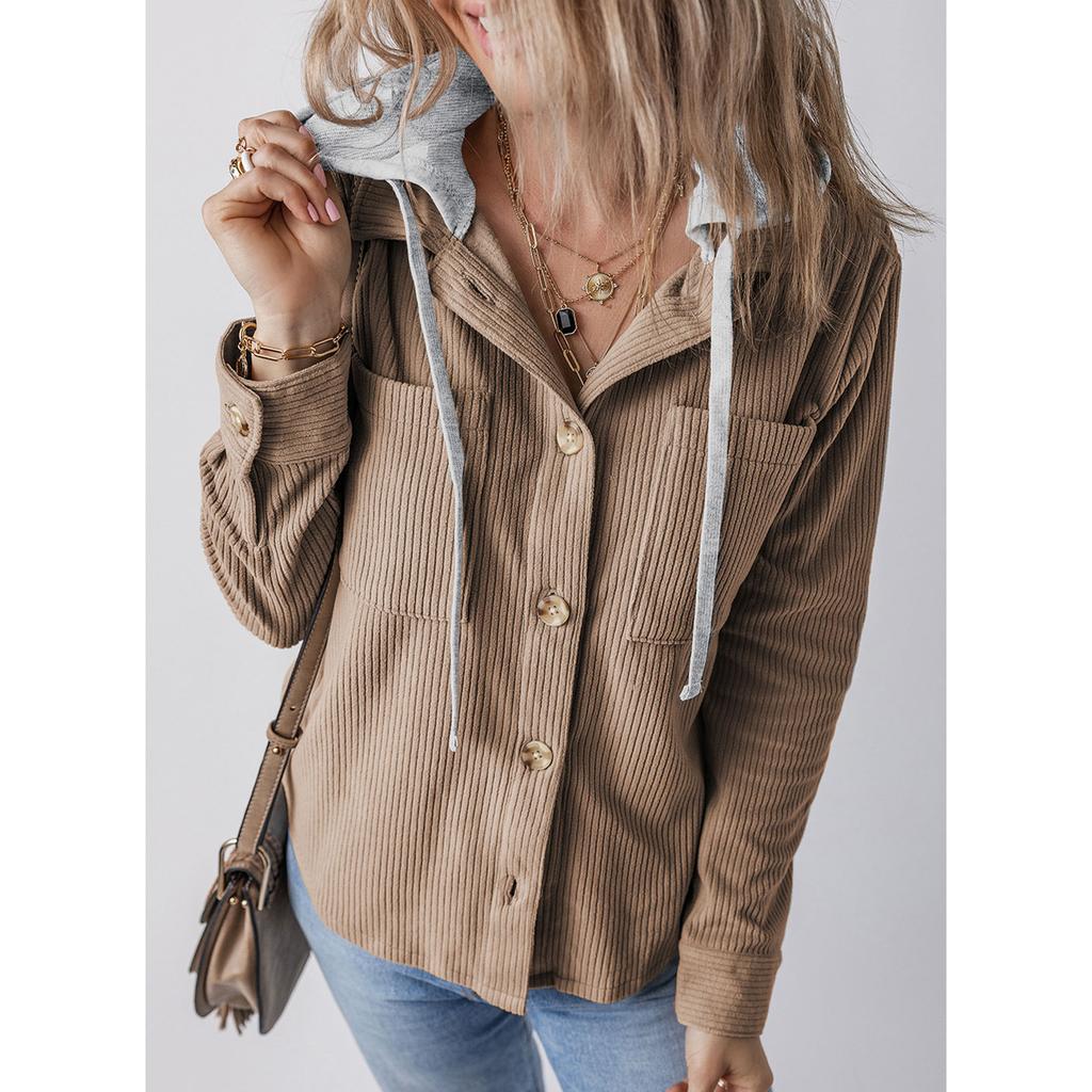 Damen Herbst Knopf Bomberjacke Lässig Kapuze Tasche Streetwear Kordelzug Mädchen Workout Übergangsjacke Für Damen Mantel