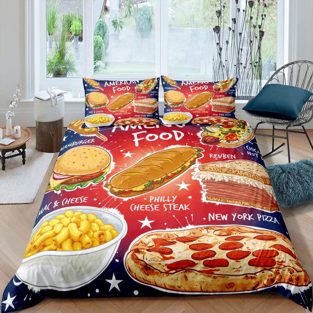 Comforter American Fast Food Pizza Dog Hamburger Print Bedding French Fries Cartoon Style For Kids Boys Soft