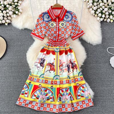 Summer Women Vintage Print Designer Runway Dress Móda Dlhé spoločenské košele Midi