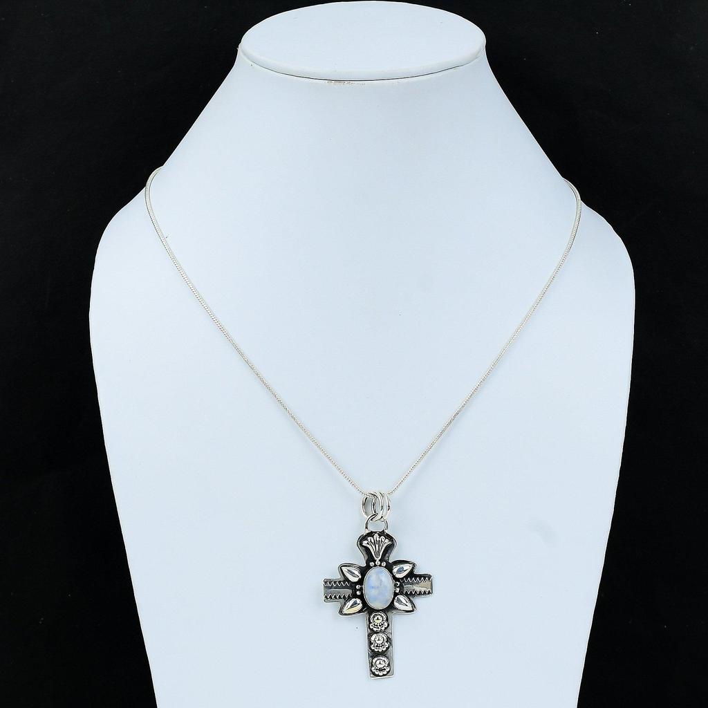 Rainbow Moonstone Natural Pendant, 925 Sterling Silver Pendant, Blue Fire Moonstone Jewelry Necklace Pendant, Valentine Gifts, Mother Gift