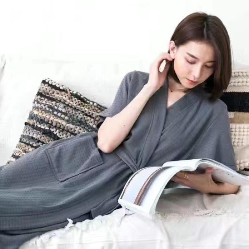 Unisex Waffle Weave Bathrobe: Lightweight, Water-Absorbent Yukata-Style Nightgown for Spring, Summer, and Autumn