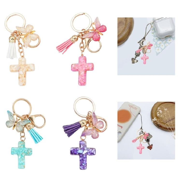 Christian Resins Crosses and Butterfly Keychain with Tassels for Daily Key Organization and Backpack Bag Decoration