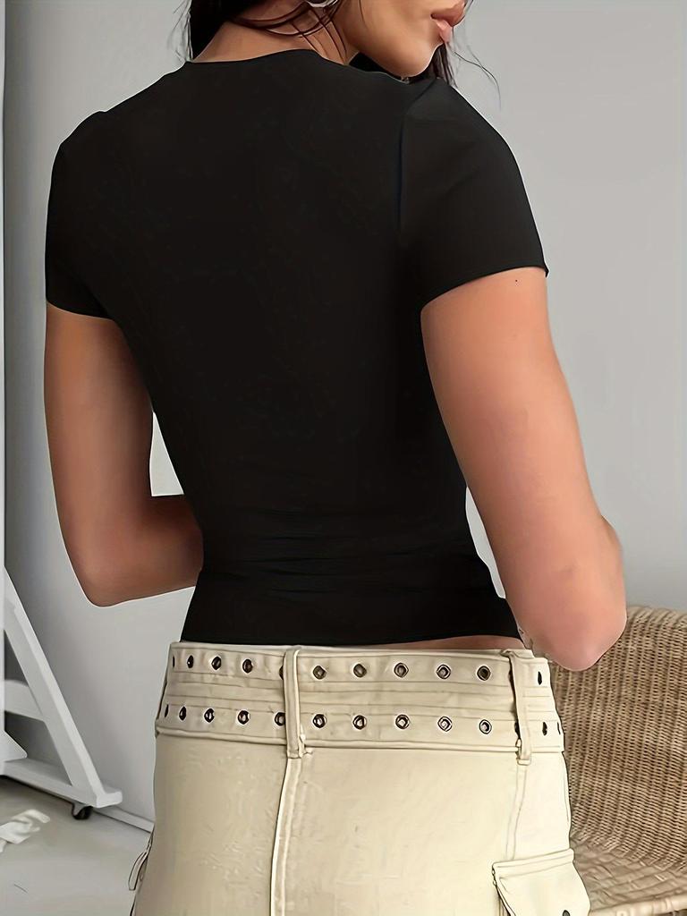 Women's Slimming Stretch Round Neck T-Shirt: Solid, Short Sleeve, Versatile Casual Top