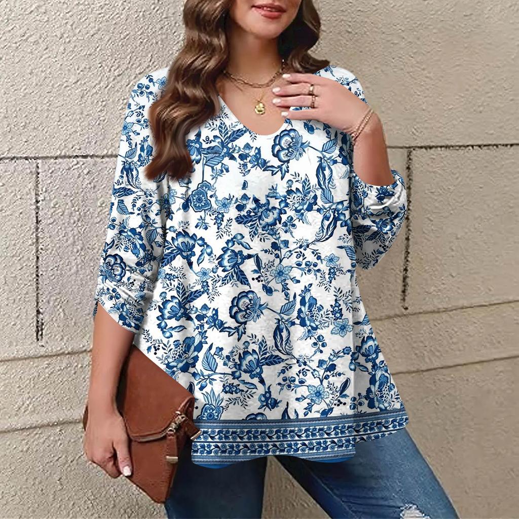 Women's Plus Size Fashion Printed Casual Pleated Round Neck Long Sleeve Top
