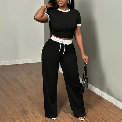2-teiliges Sommer-Outfit für Damen, Rundhalsausschnitt, kurze Ärmel, bauchfreies Top, Kordelzug, weites Bein, Hosen-Set, lässiger Trainingsanzug, Lounge-Set