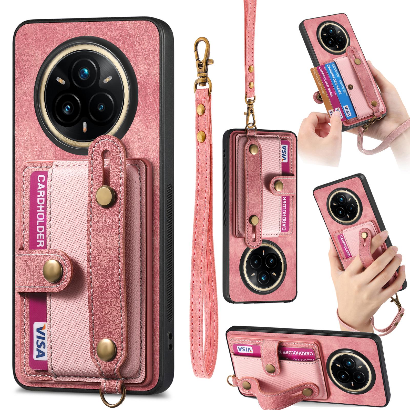 

For Realme 14 Pro 5G Retro PU Leather Back Cover with Card Holder and Wristband Kickstand Pink