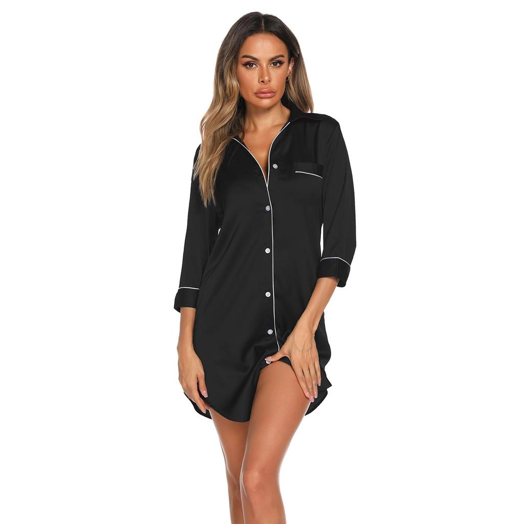 Women's Sleep Shirt Silk Imitation Long Sleeves Thin Night Shirt Ladies Pajamas Nightwear Sexy Sleepwear In Black Navy Green