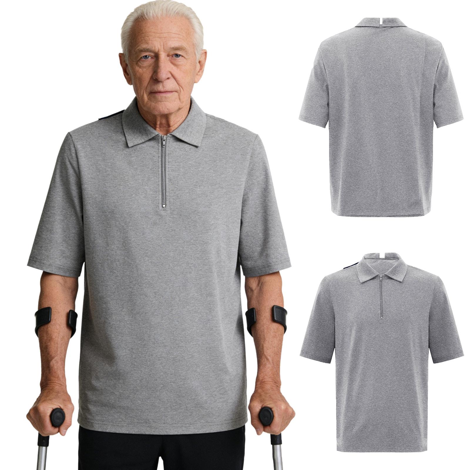 Linjinx Speciaal T-shirt voor Mannen met Open Rug en Volledige Overlap Korte Mouw Revers Ritssluiting Nek voor Ouderen Alzheimer Zorgkleding S grijs