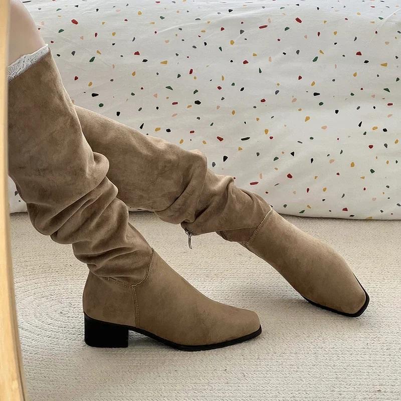 Vintage Stretch Women Knee High Boots Fashion Pleated Long Booties Ladies Casual Low Heel Shoes
