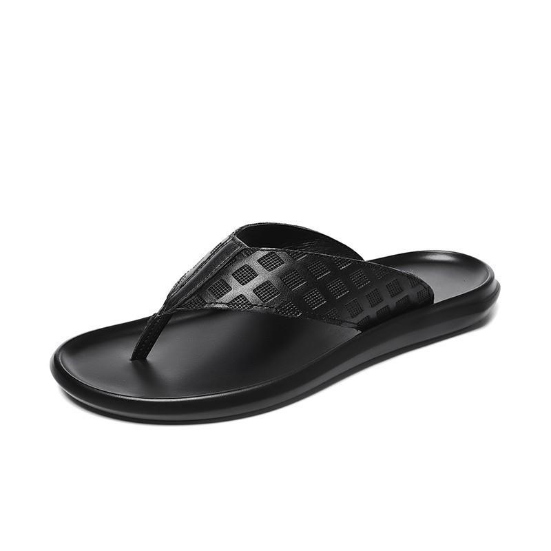 Men's Genuine Leather Toe Post Flip-Flops: Casual Embossed Summer Sandals