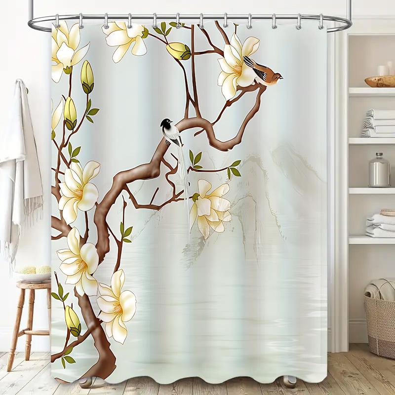 

Elegant Bird Branch Shower Curtain For Bathroom Decor - Nature Inspired Design With Beautiful Flowers And Birds Elevate Space W60H190(CM)-1 Pcs