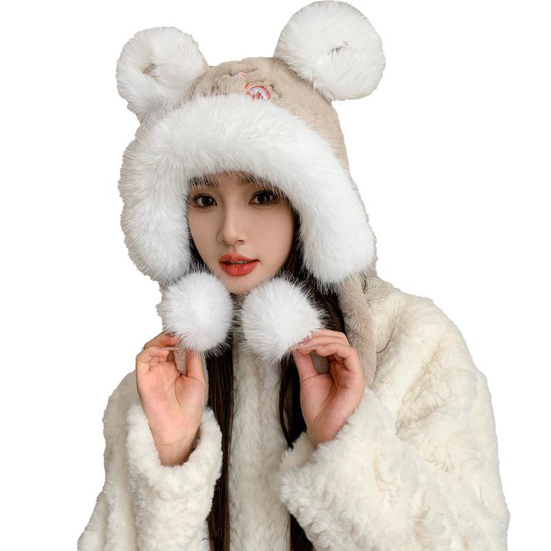 Autumn and winter new Guochao embroidered ear protector children's outdoor warm baotou lion plush headgear