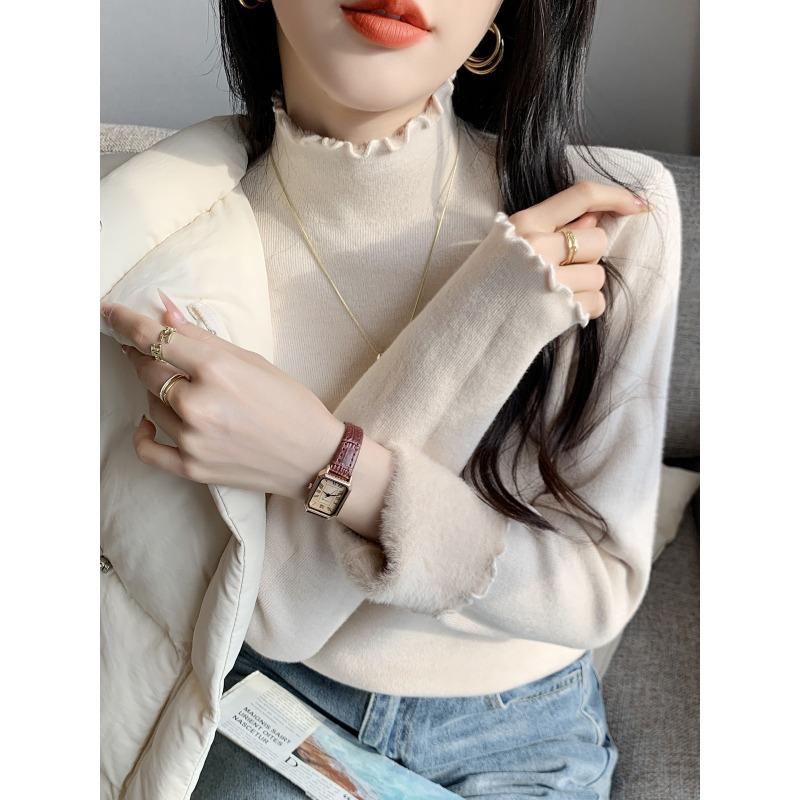 Semi-turtleneck fungus edge integrated fleece thickened knitted sweater women's autumn and winter simple inner bottoming shirt top