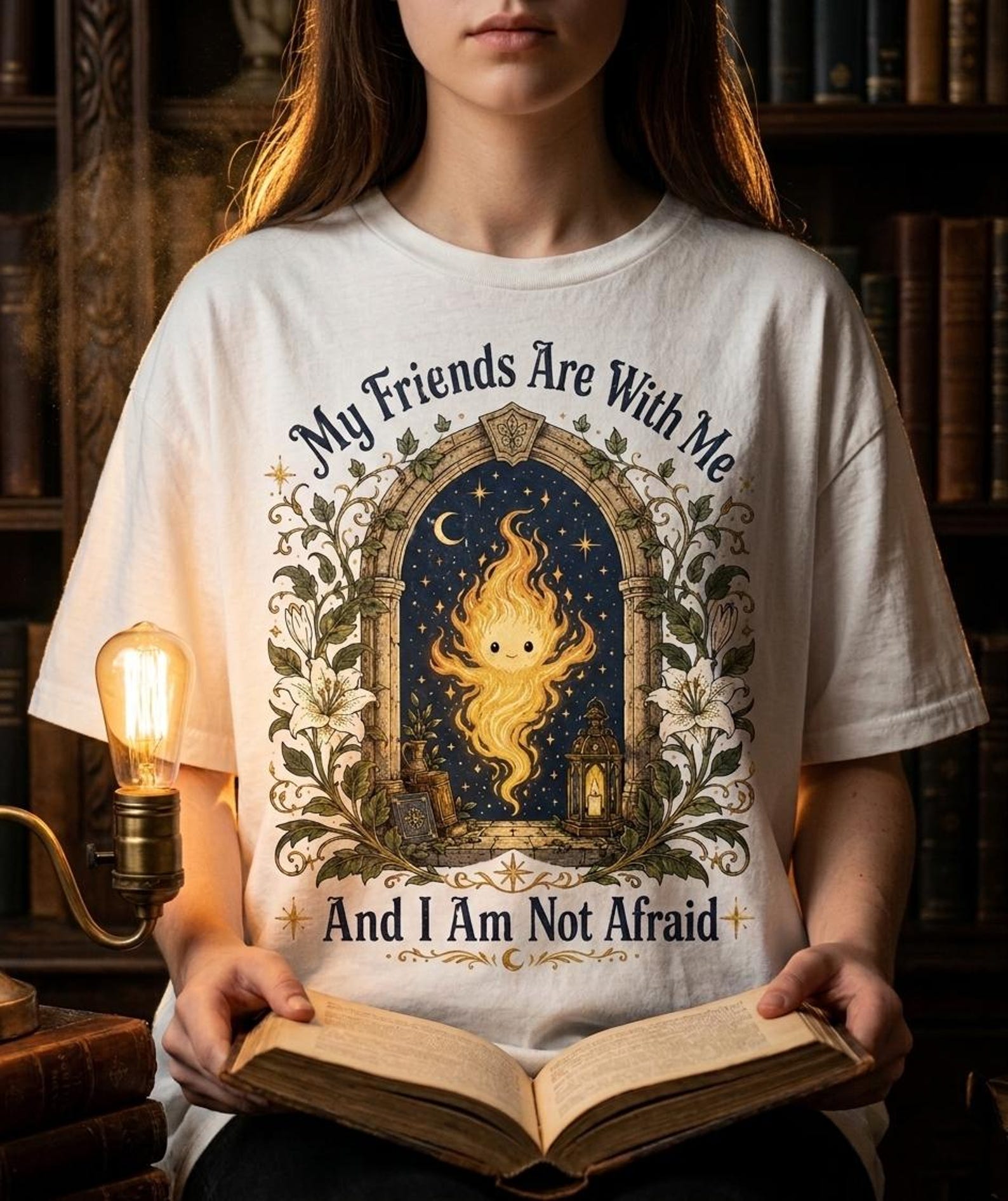 My Friends Are With Me And I Am Not Afraid T-Shirt, Cute Fantasy Spirit Gift, Cottagecore Magic Graphic Tee M