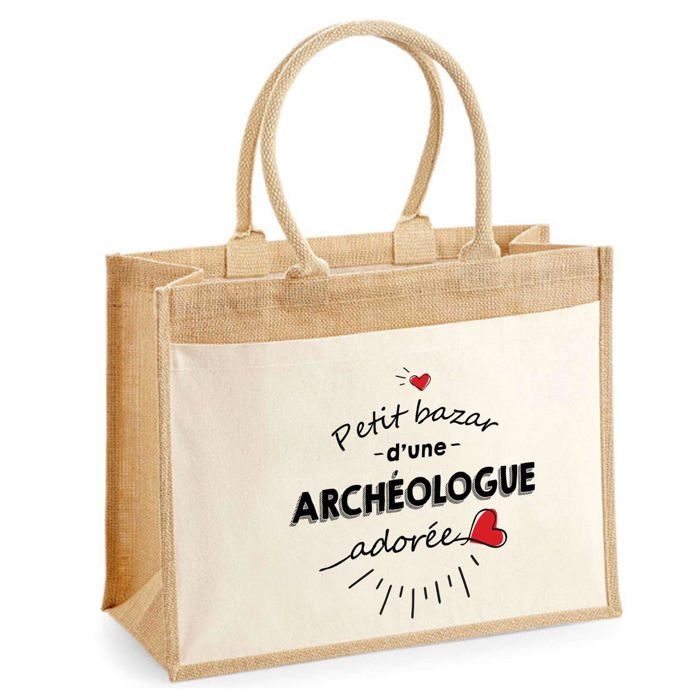 Sac de plage - PLANETEE - jute avec poche Bazar d'une Archéologue adorée - Coton - Multicolore - 43x33 cm