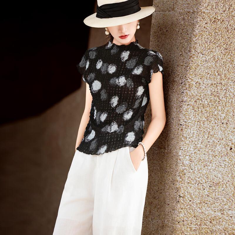 Lanser 2026 Summer Elegant Retro Printed Pleated T-shirt S