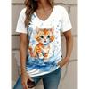 Summer Fashion Trend Casual Animal Cat Pattern Printed Short Sleeved V-neck Women's T-shirts