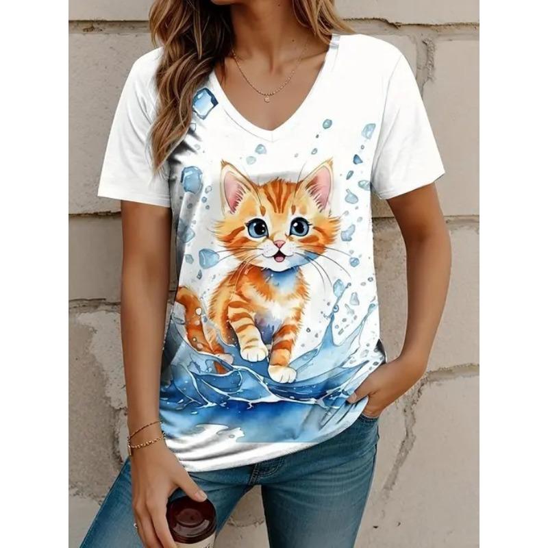 Summer Fashion Trend Casual Animal Cat Pattern Printed Short Sleeved V-neck Women's T-shirts