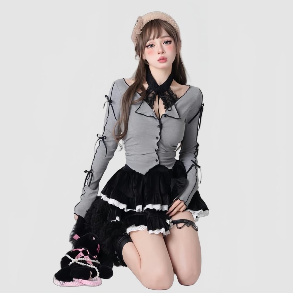 EDREES Top and Mini Long Holder Gothic Korean Princess Street Gal Fall Photo Women's 2-Piece Set, Skirt, Mass-Produced Style, Sleeves, Above-the-Knee,