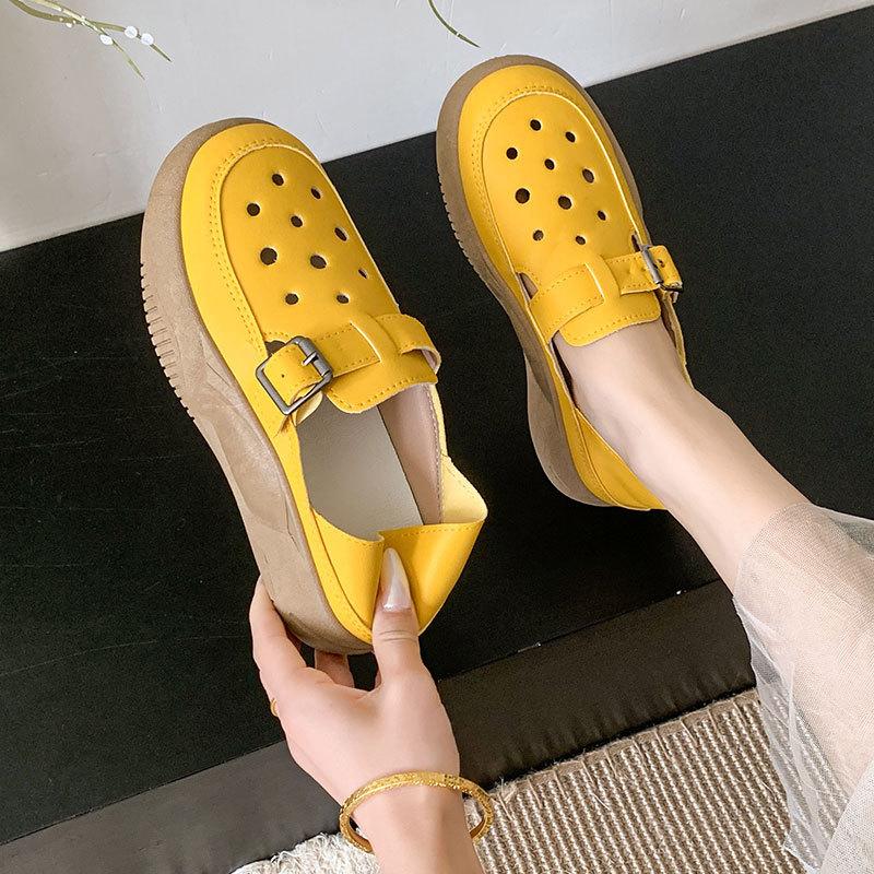 2025 Summer New Hollow Single Shoes Women's Summer Comfortable Two Wear Muffin Thick-soled Hole Shoes Soft Leather Bag Head Single Shoes