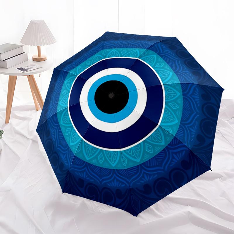 1PC Blue Evil Eye Decor Automatic Open/close Umbrella with 8-Rib Structure for Women/Men, All-Season Use - Travel Essential, Stylish Accessory, Highqu